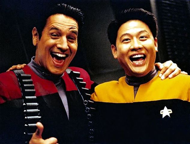 Chakotay and Harry being goofy after playing a video game.