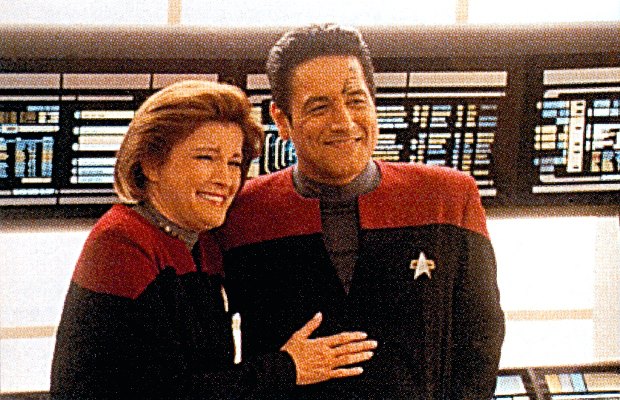 Kathryn and Chakotay laughing