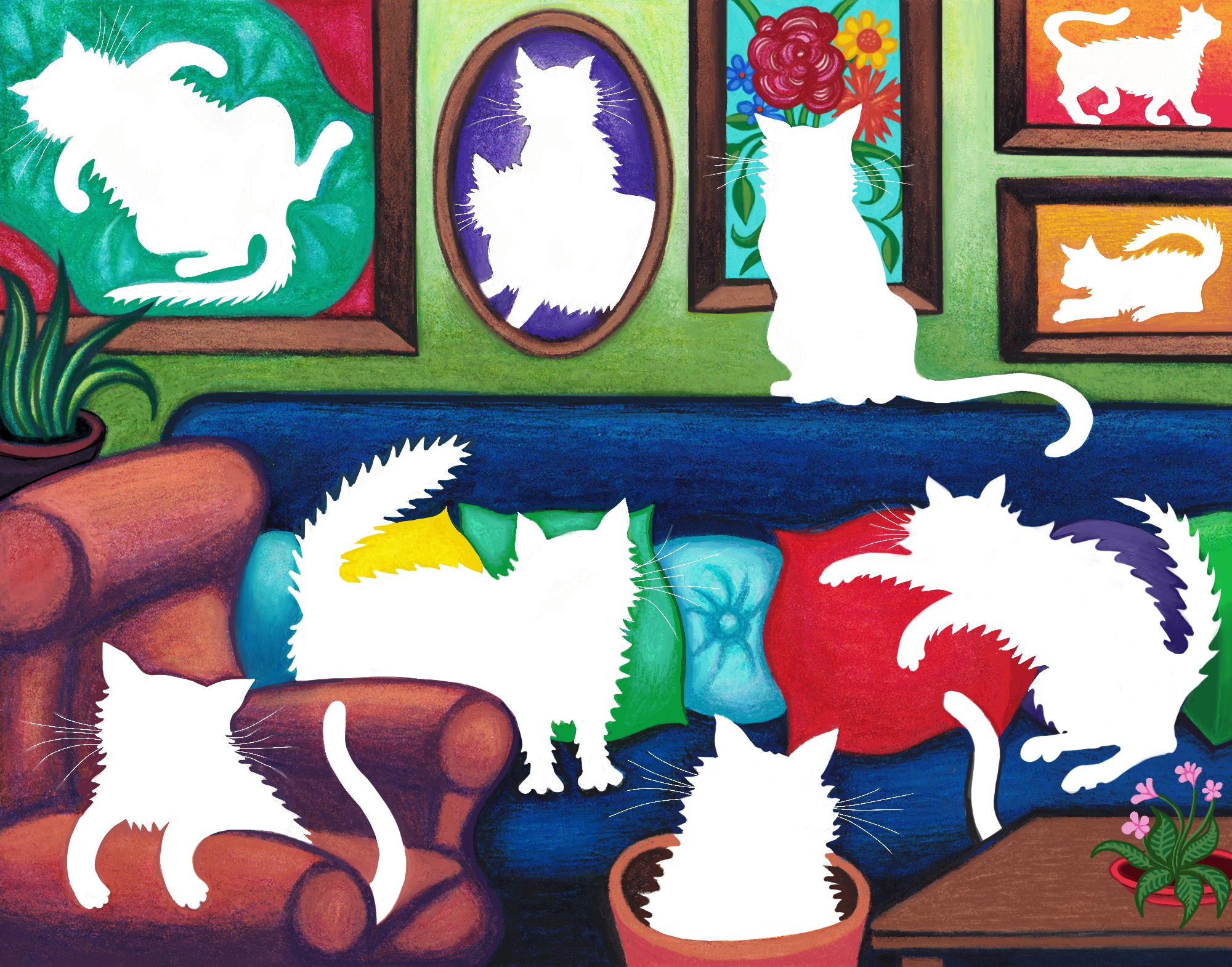 Bright coloured painting of a living room with armchair, couch, cushions, and 11 cats as white negative space silhouettes, some in the wall paintings.