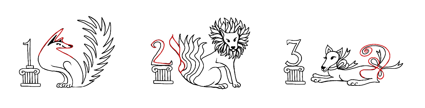 Lineart of three odd dogs with numbers 1 2 3 on pedestals beside them.