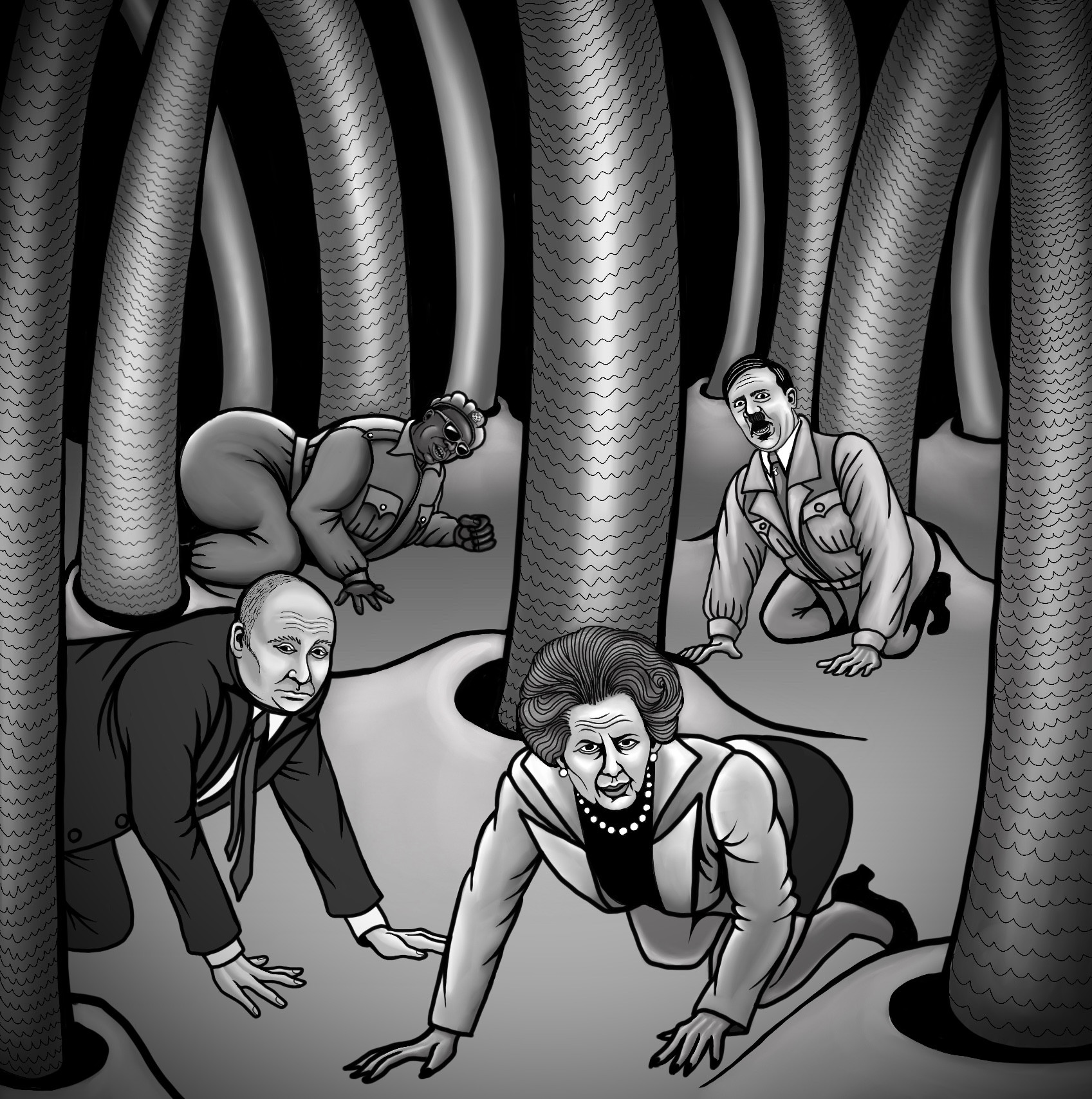 Grayscale pic with giant hair follicles and at their base, crawling figures of Idi Amin, Hitler, Putin and Thatcher.
