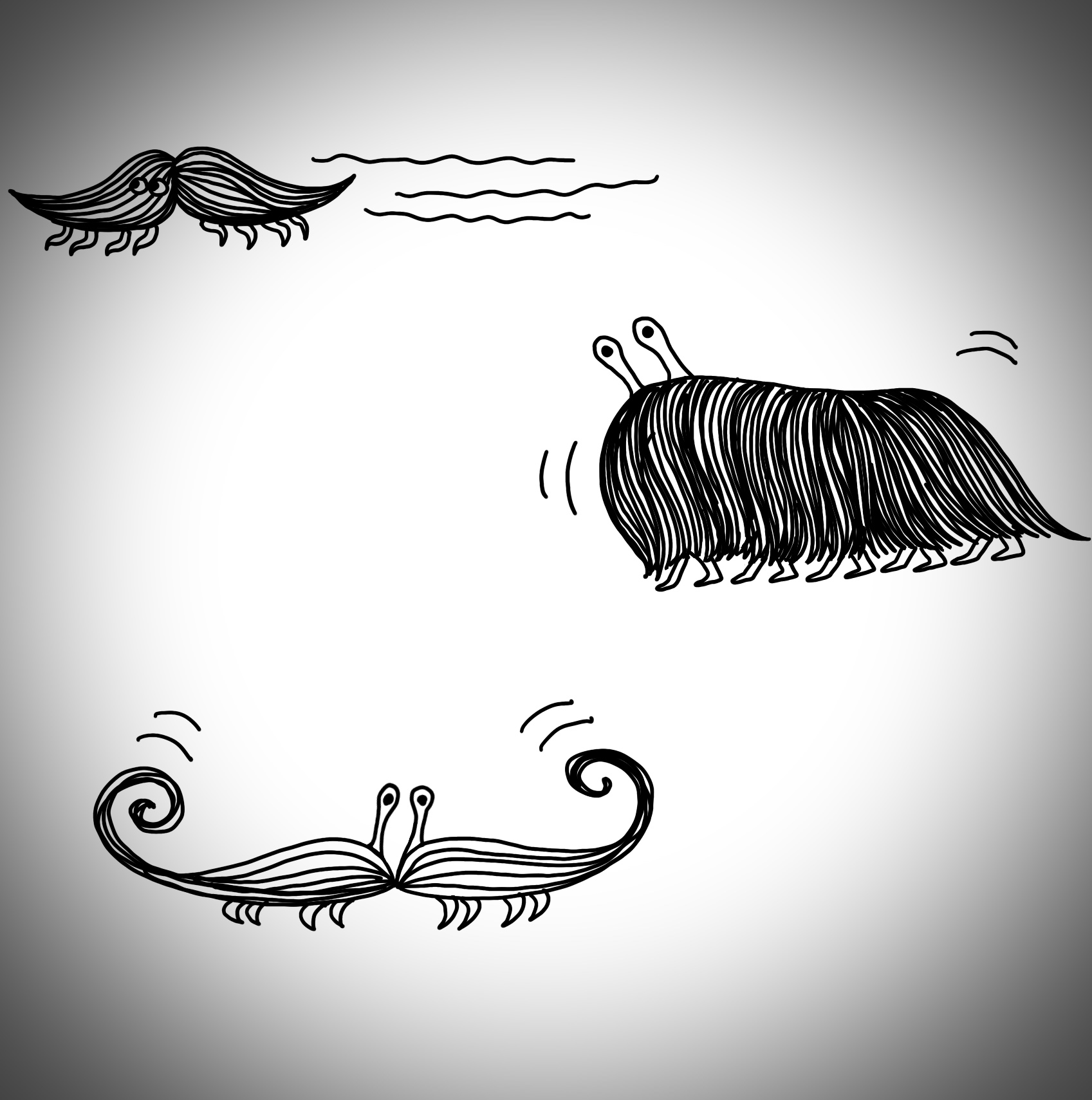 Grayscale pic of three moustaches scuttling from right to left on tiny feet, with eyes on stalks.
