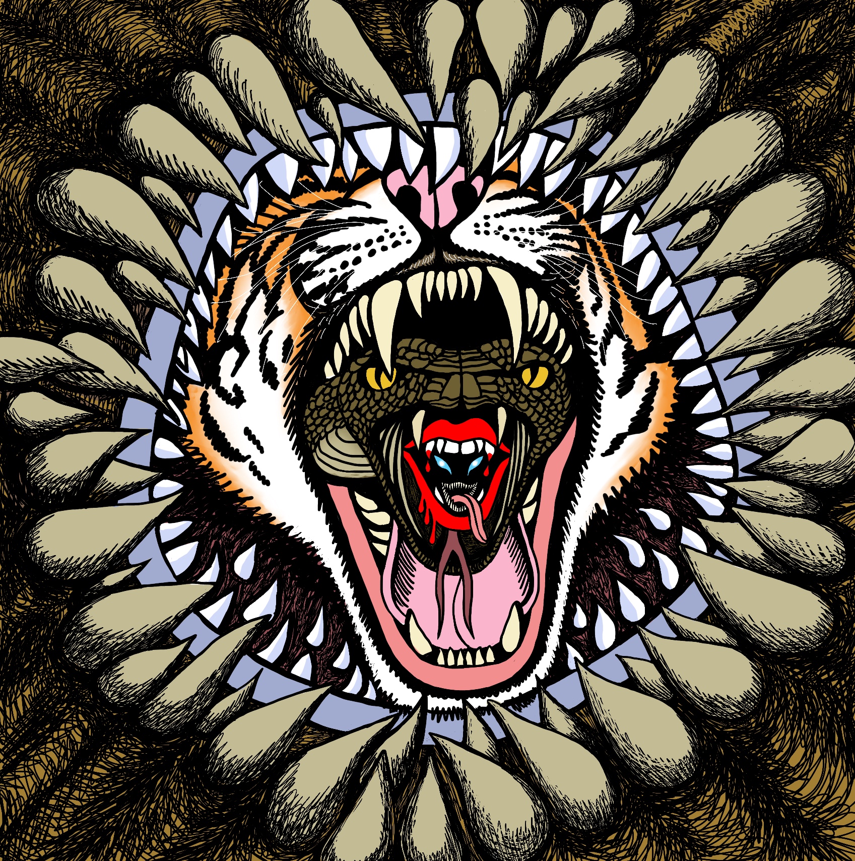 Coloured pic of concentric mouths, Dune sandworm, great white shark, tiger, cobra, vampire and tiny Venom.
