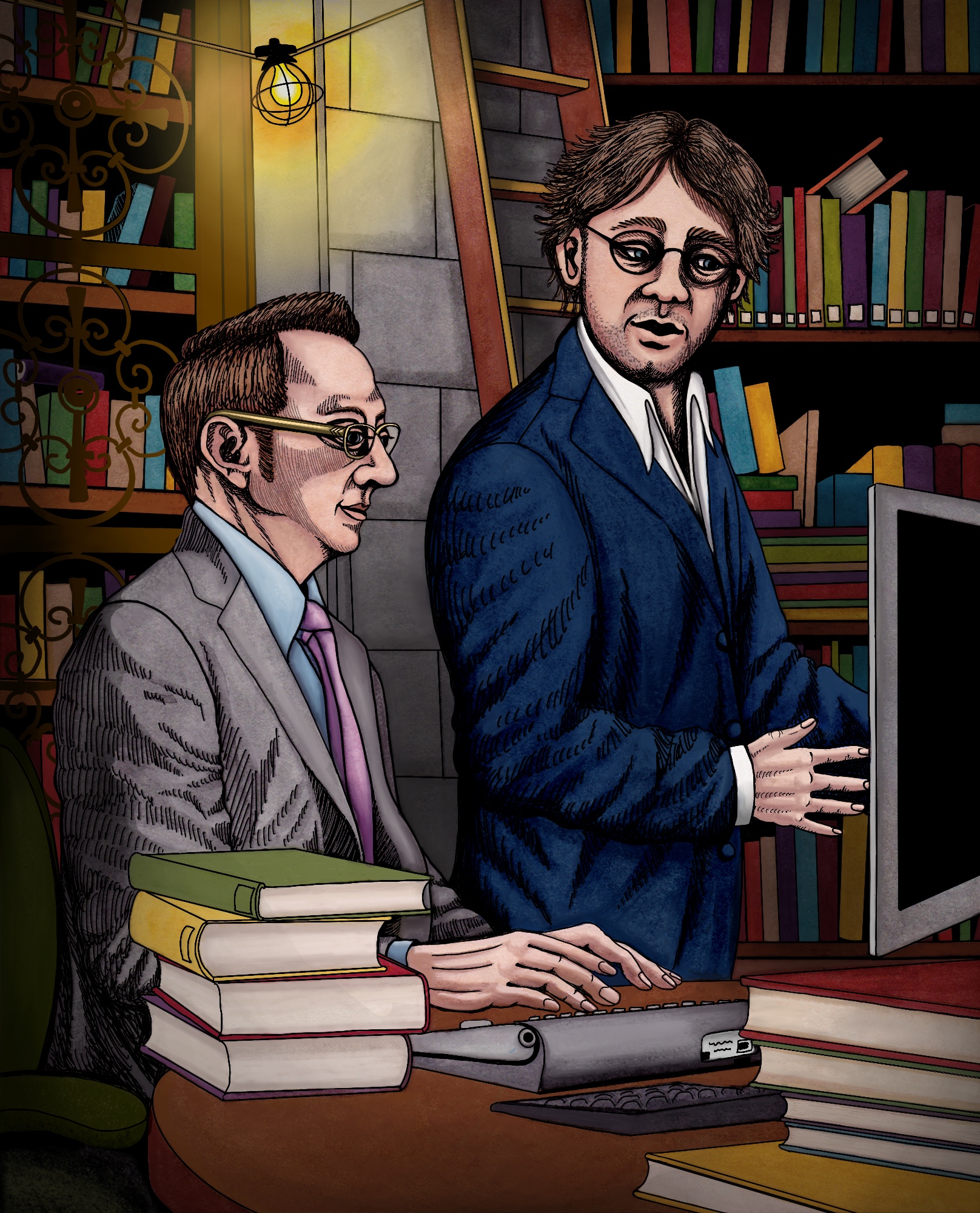 Interior of the Library with Finch seated at his computer, Radek Zelenka standing behind him, gesturing and talking.