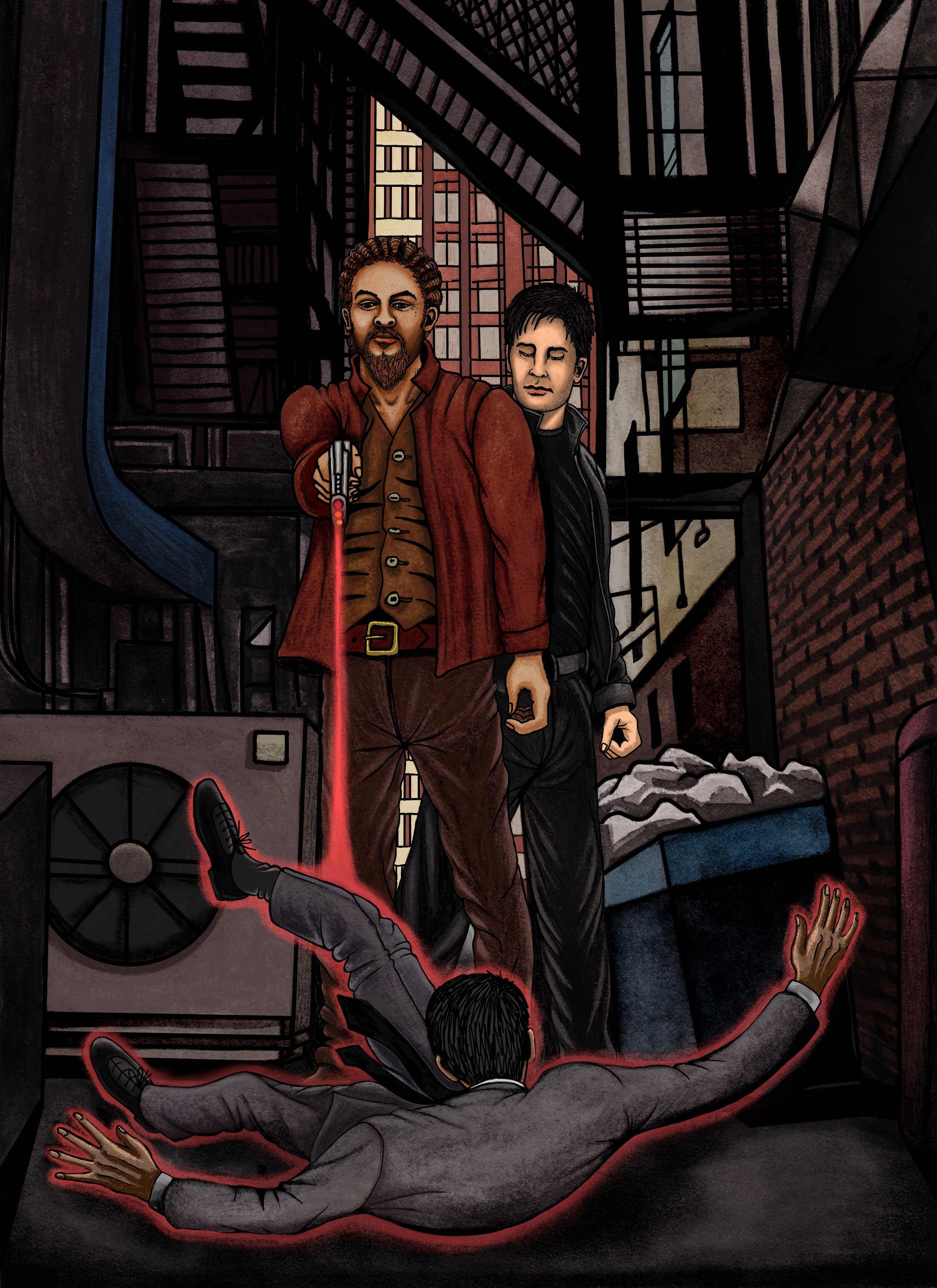 A dark New York alley looking out to the street, with Reese on his back in foreground edged with red stunner energy, Ronon is firing his blaster behind him and John Sheppard's looking over Ronon's shoulder.