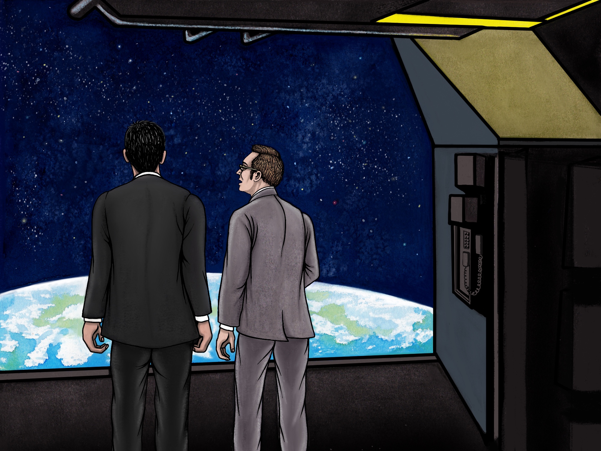 Reese and Finch on the Daedalus spaceship, looking out a huge window at Earth glowing in space below.