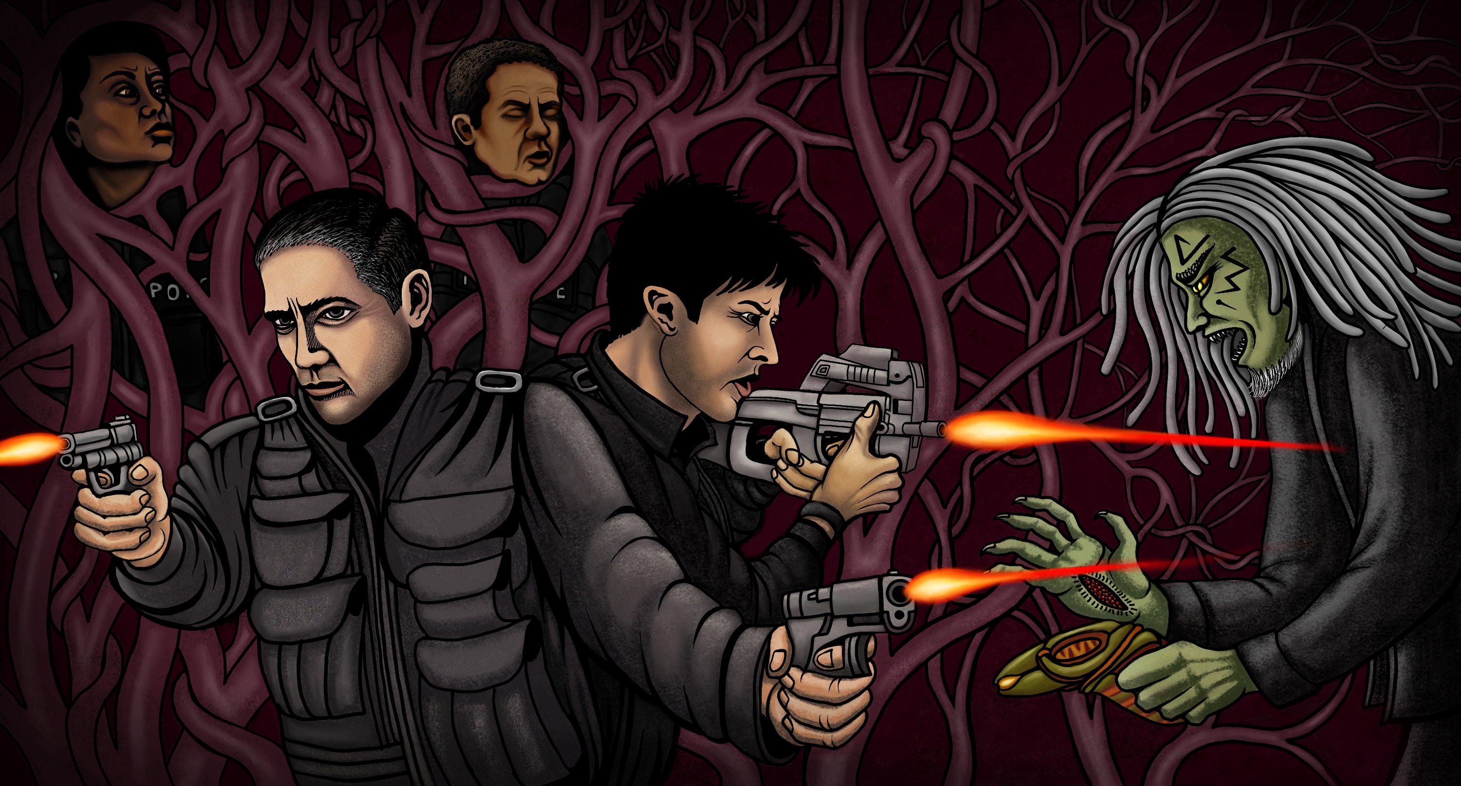 Action scene with Joss Carter trapped in a web of dark red tentacles, Fusco beside her, unconscious. In foreground, Reese and Sheppard are back to back firing guns, and a Wraith is leaping from the right, feeding hand outstretched.