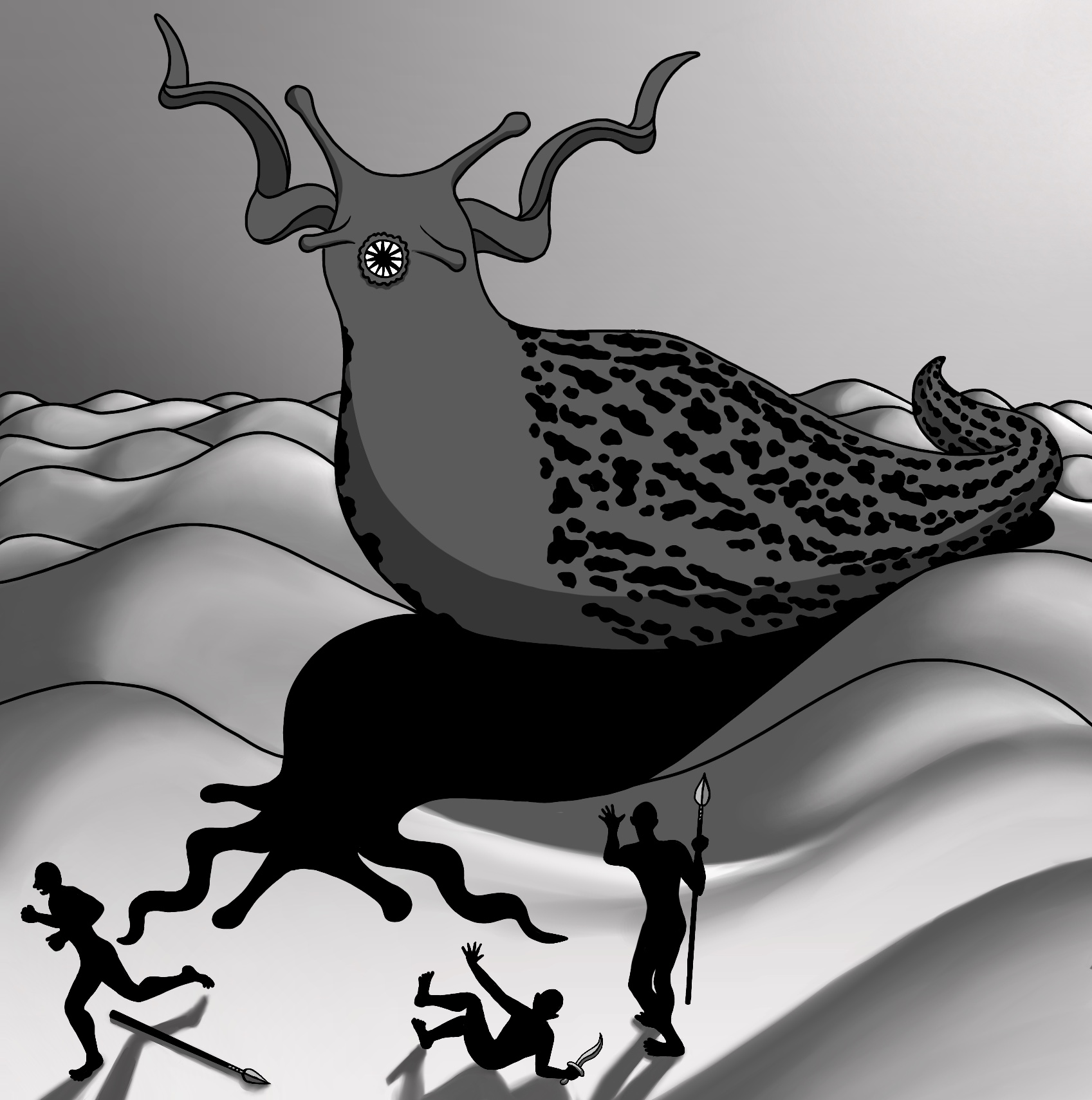 Grayscale dramatic pic of desert dunes with giant leopard slug rearing up over 3 silhouetted men with spears, knives who are running and falling.