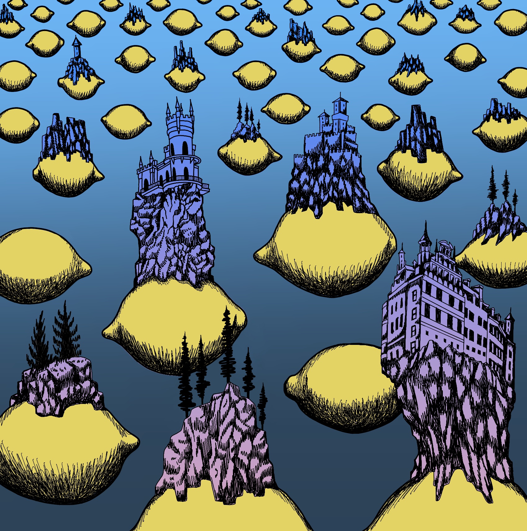 Blue-grey sky with floating kemons and on many of the lemons, rocky islands with trees or castles.