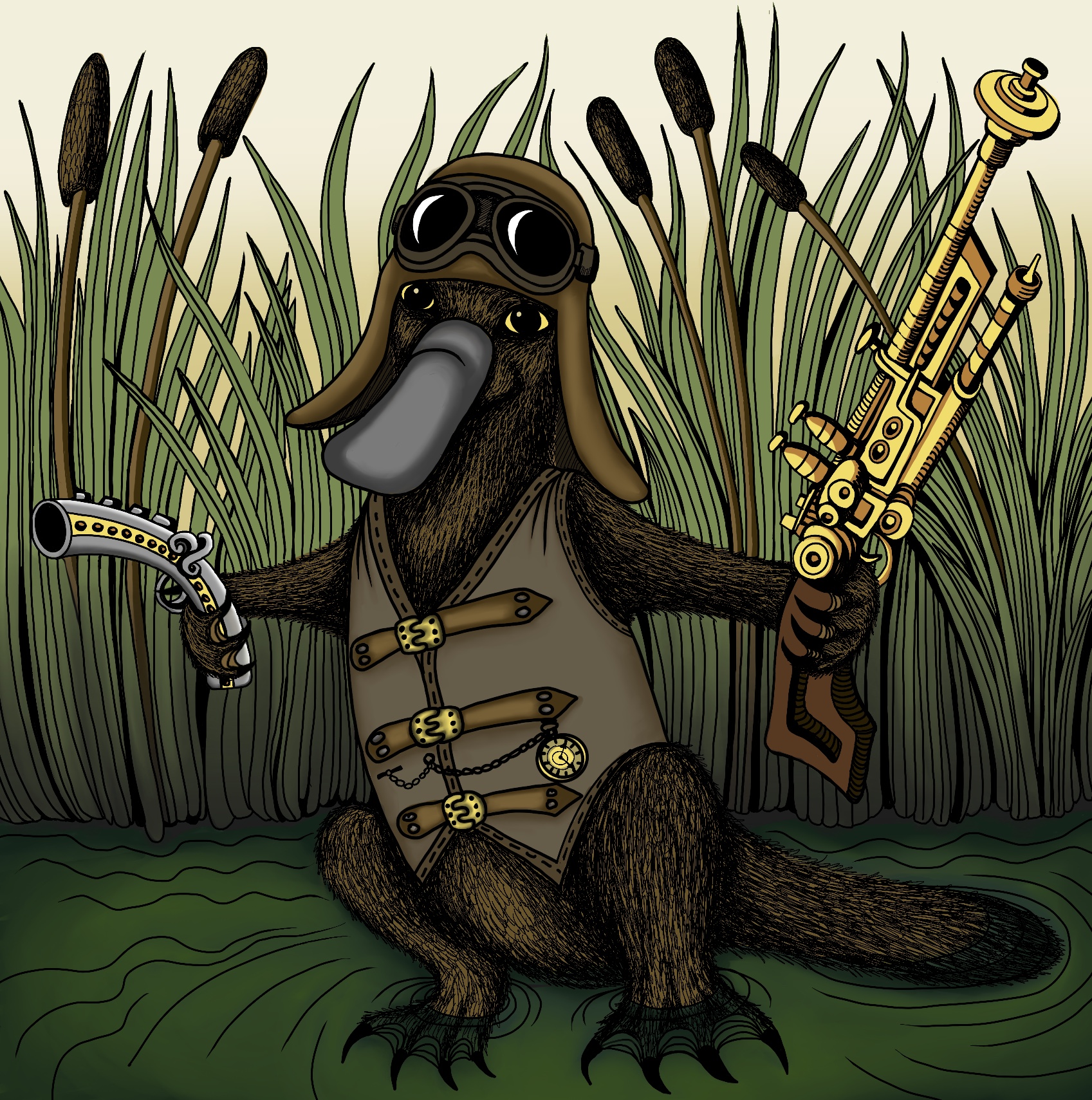 Brown furry platypus with steampunk rifle and pistol, with waistcoat and fob watch, a iator cap and goggles, background is bulrushes and a green stream.