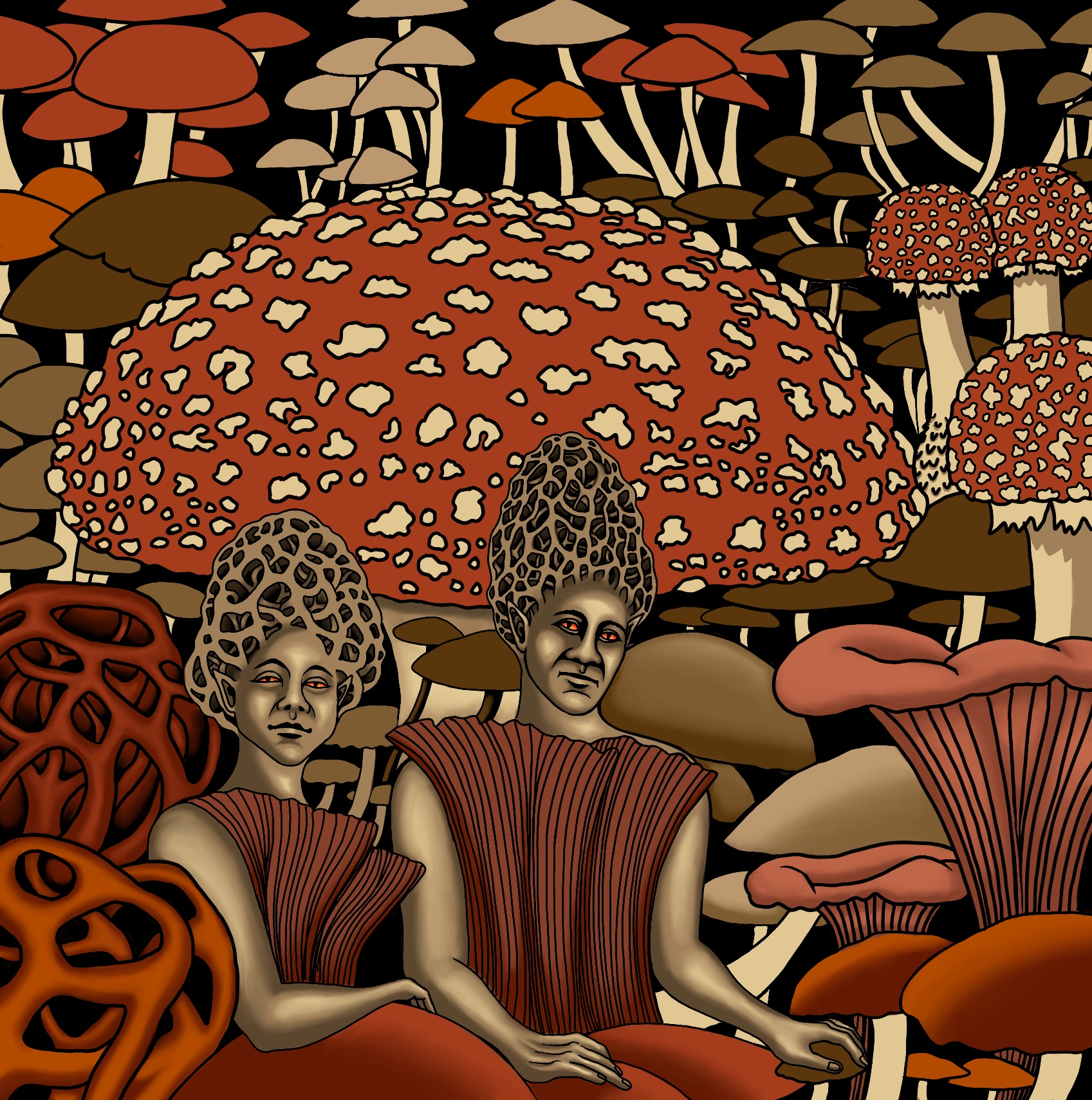 Red, brown and cream mushrooms in a mass, with two poeple with elf ears and heads extended up with tall brain morels