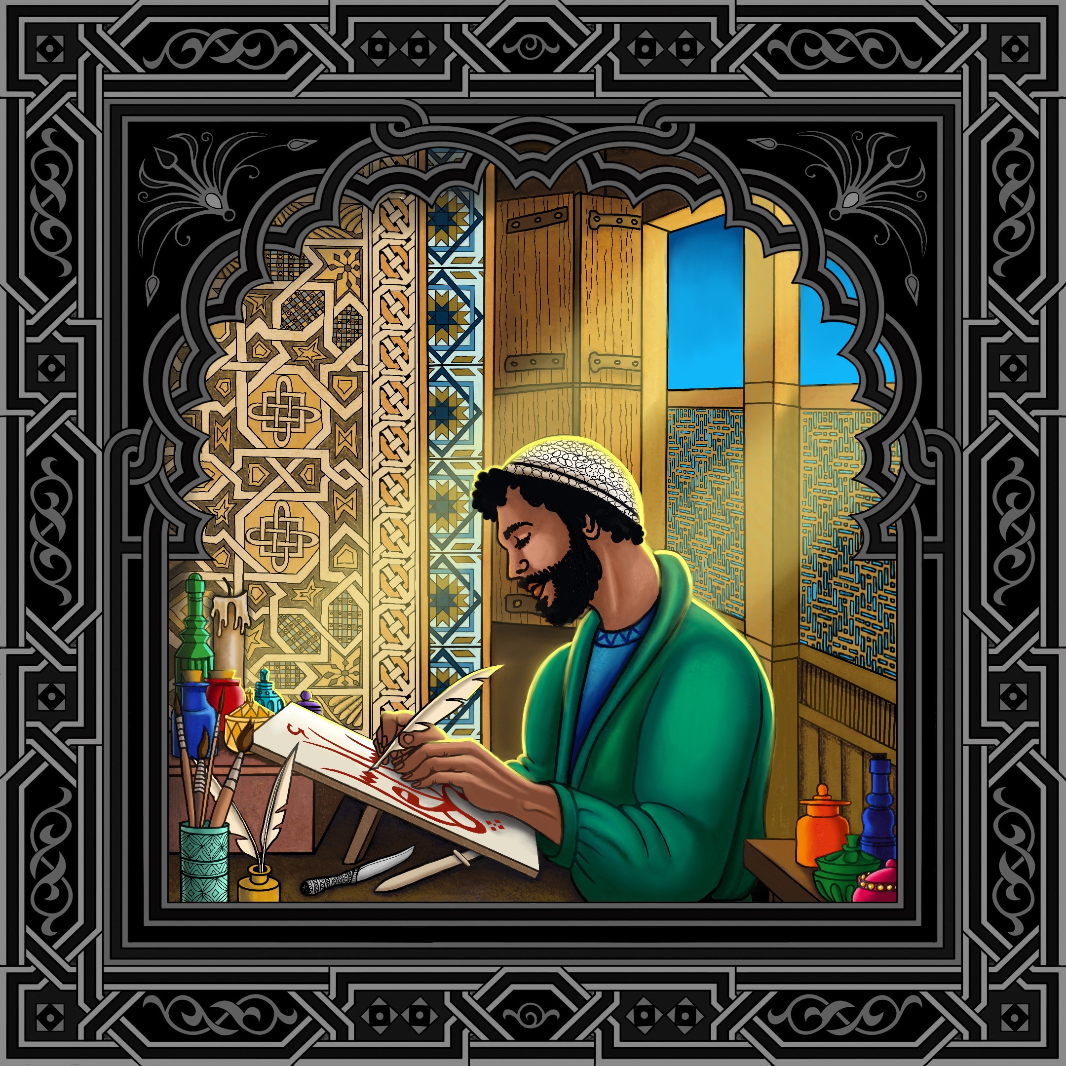 Sunlit scene through an Islamic filigree window of Yusuf in robe and skullcap doing calligraphy surrounded by multicoloured glass jars and artist's materials. Background is intricate geometric Islamic tiles and wall hanging, and wooden shutters open to a deep blue sky.