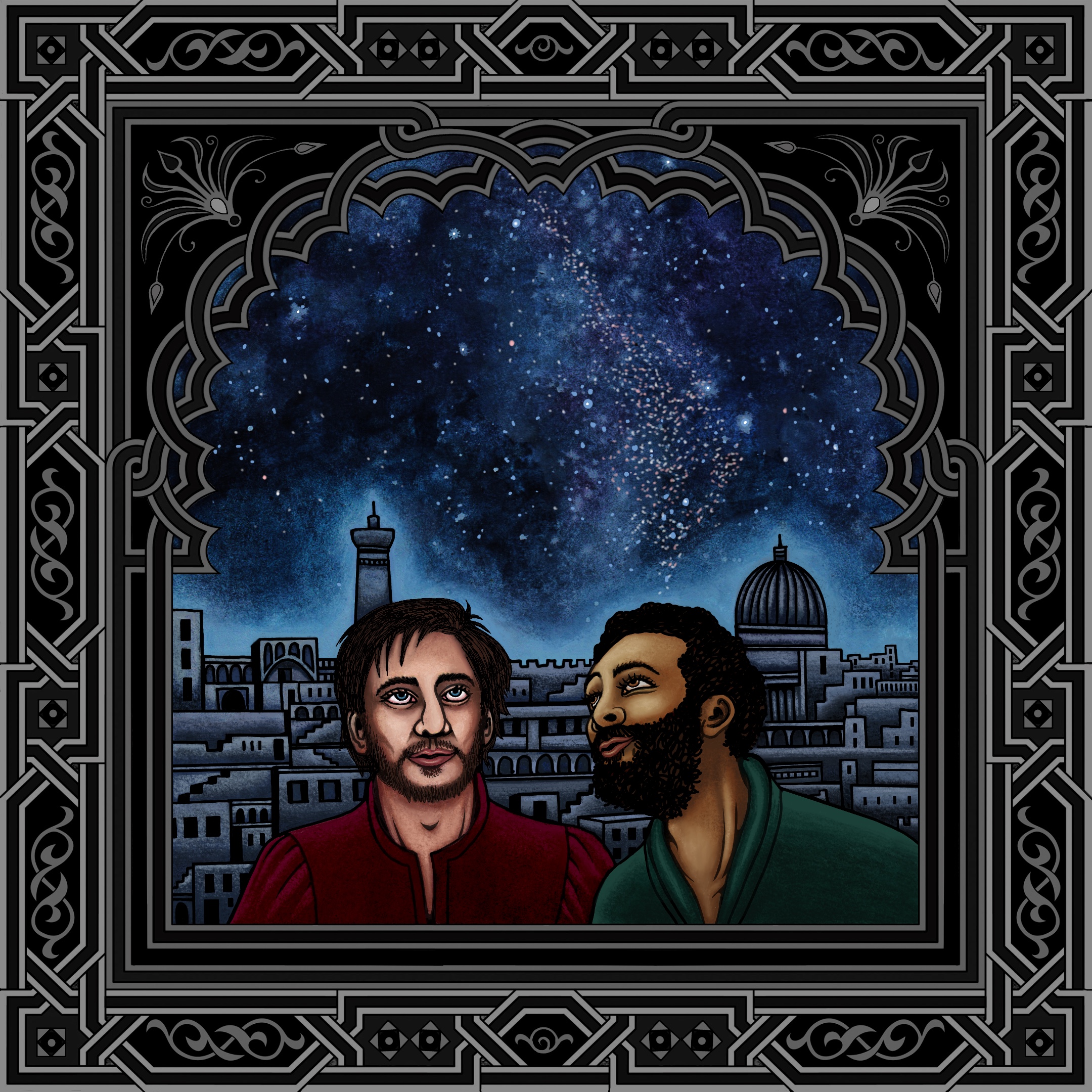 Nicolo and Yusuf looking up at the night sky full of stars. Behind them, the dark city of Bukhara.