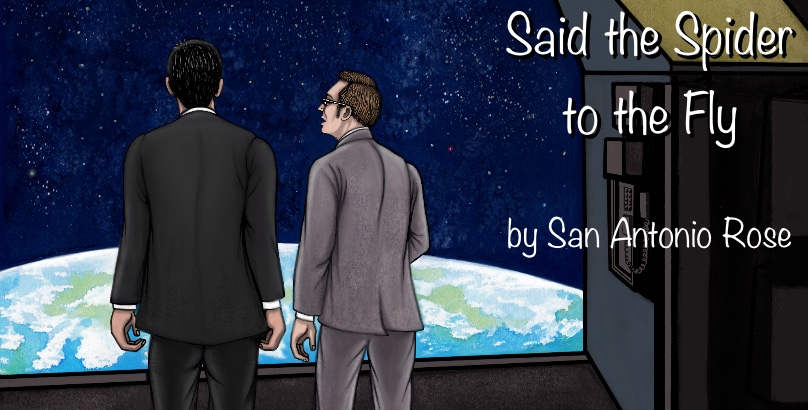 Reese and Finch on the Daedalus spaceship, looking out a huge window at Earth glowing in space below.