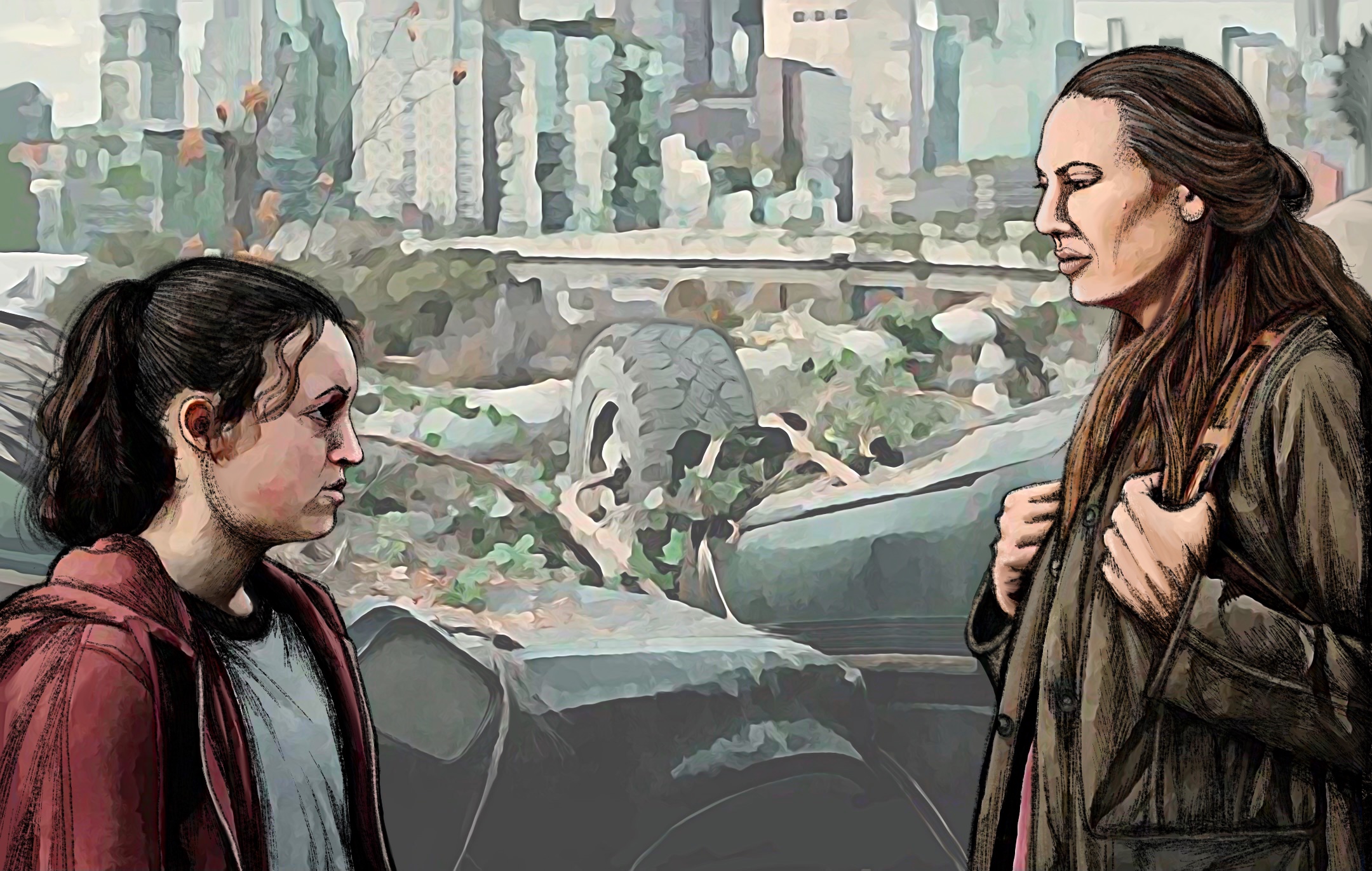 Ellie on the left faces Tess, with the ruined city behind them.
