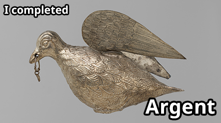 bird made out of silver with text I completed Argent
