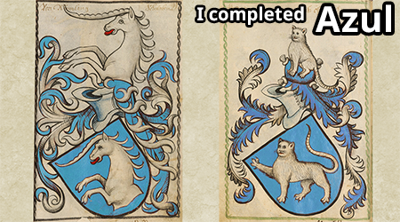 two coats of arms, one with an unicorn crest and one with a cat crest, with text I completed Azul