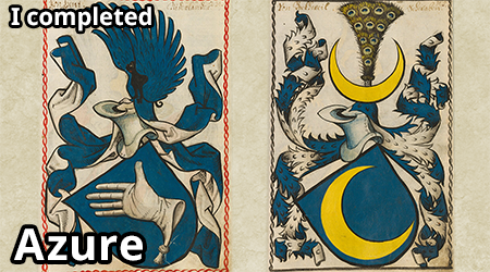 two coats of arms, one with a glove crest and one with a crescent moon crest, with text I completed Azure