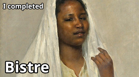 a painting of a dark-skinned woman with a veil hiding her hair with the words I completed Bistre