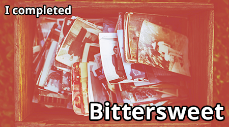 a rough wooden box filled with snapshots overlayed with orange with the words I completed Bittersweet