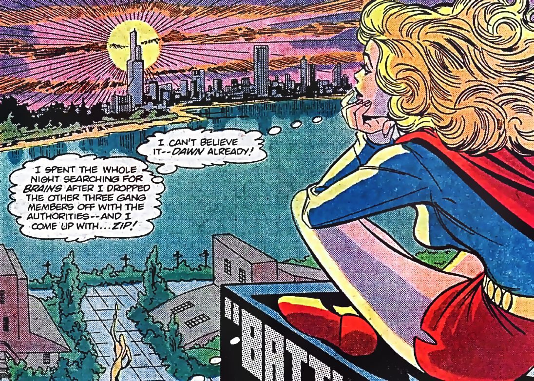 panel from the daring new adventures of supergirl, showing kara as supergirl smiling while sitting atop a building and overlooking a sunset. the image is colored in intense bright tones with heavy comic screen tones
