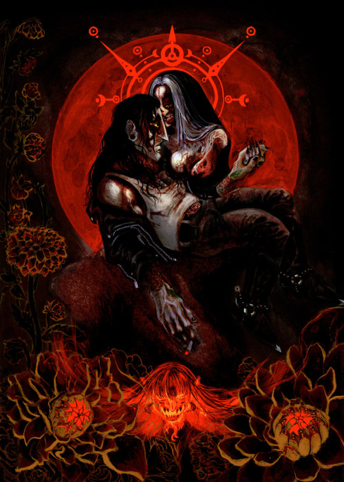 Illustration of Dahlia holding Eddie in a parody of the Pieta pose, in front of a blood red moon.  Dahlia flowers surround them in gold ink.  Skeet's decapitated head grins underneath them.