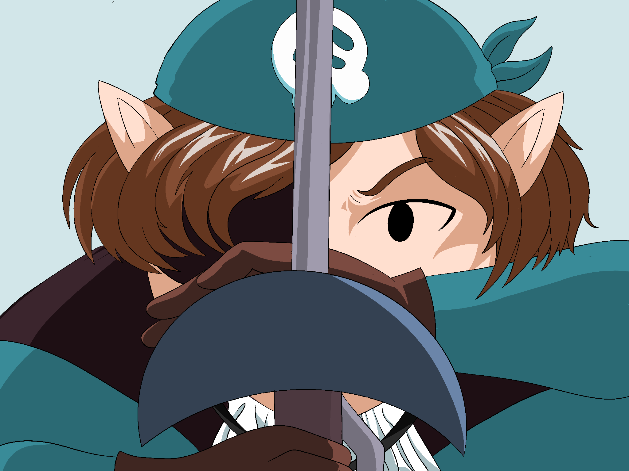 Like the previous image, Teal having a fierce expression as they wield thier saber. This time there is no faint glow on the blade.
