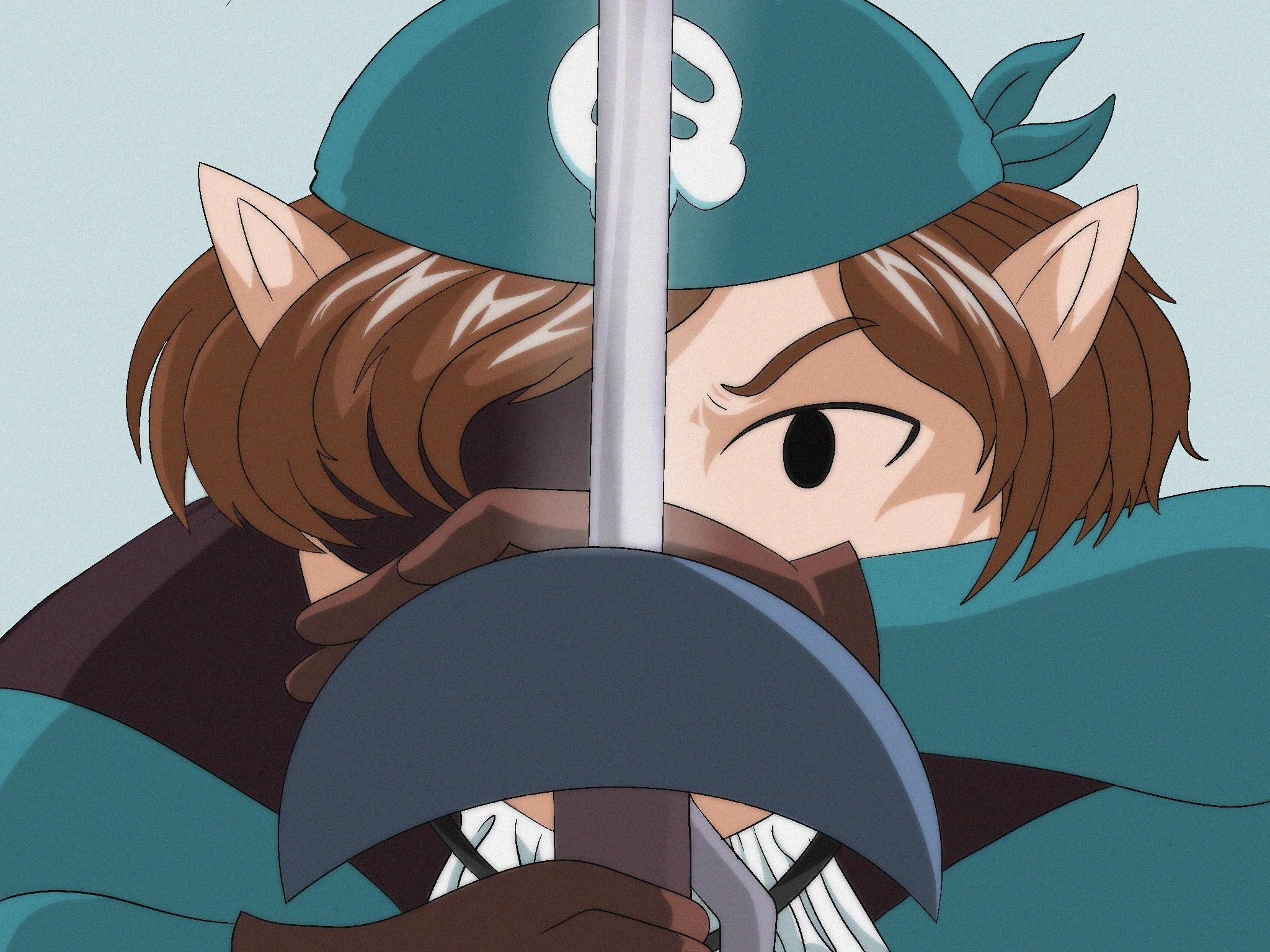Teal having a fierce expression as they wield thier saber. The blade of the saber has a faint glow.