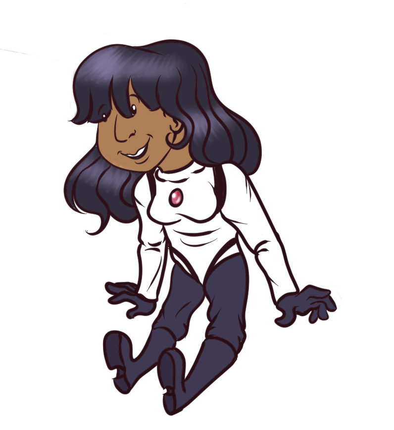 A chibi of Anita, she is smiling and has a relaxed and floaty pose.
