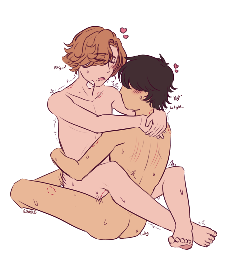 Fanart of Eiji and Ankh from Kamen Rider OOO. Ankh is sitting on Eiji's lap, riding him as Eiji is thrusting into him. Ankh's arms are wrapped around Eiji's neck while his legs are wrapped around Eiji's legs, his toes also curling a bit from the pleasure. Ankh and Eiji are both covered in various bite marks and have some sweat drops, and Eiji has scratch lines on his back. Ankh is also trembling a bit as he has flushed cheeks with his eyes closed, and is slightly drooling. Eiji's face also has some blush on his cheeks. Ankh is muttering Ah- Mmn! While Eiji is muttering Ngh- So tight... Both of them have little hearts drawn over their heads. They are also drawn on top of a plain white background.