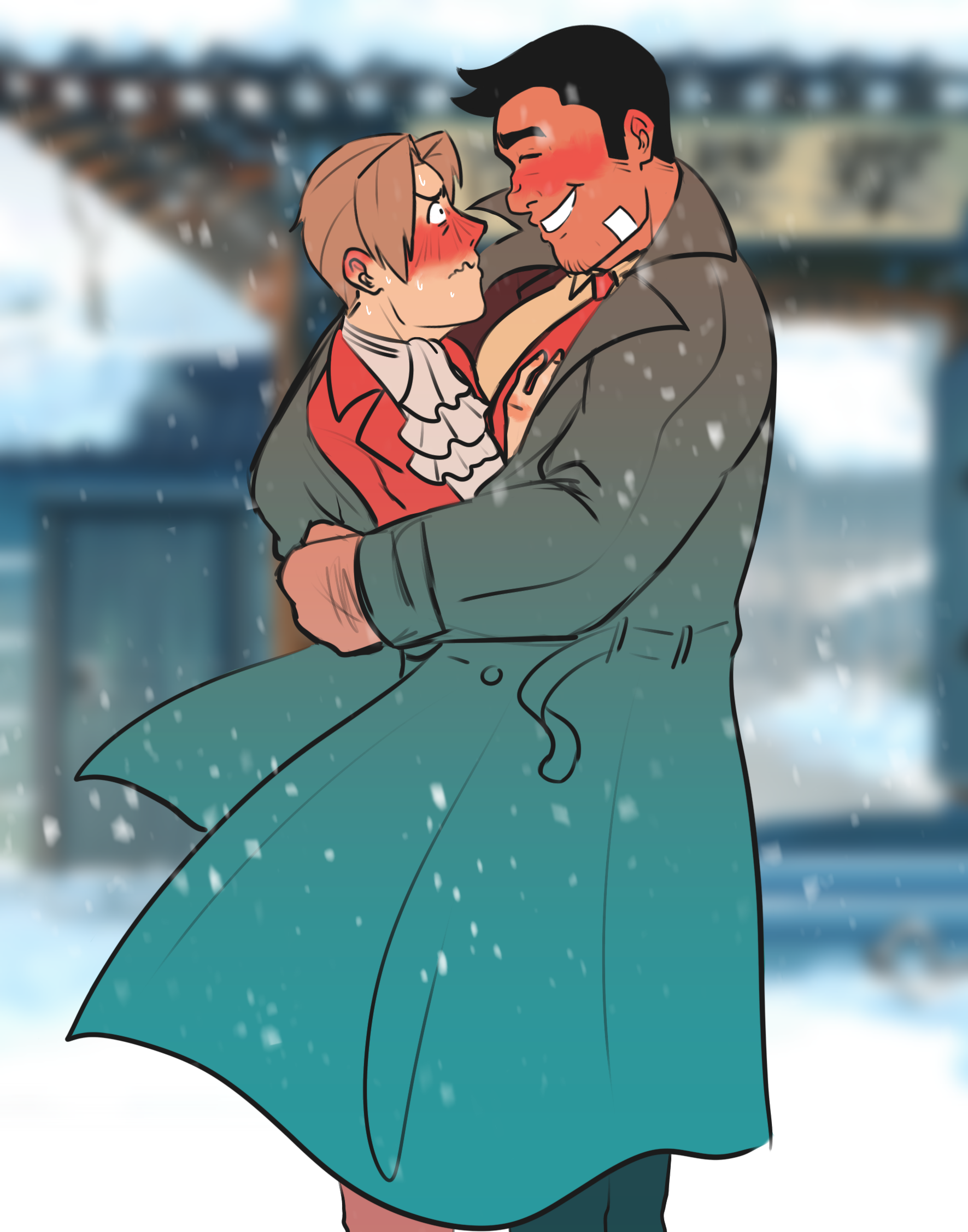 Edgeworth and Gumshoe are standing in front of the front gate to Hazakura Temple. Gumshoe has his coat wrapped around Edgeworth. There is snow blowing around them. Edgeworth is extremely flustered.