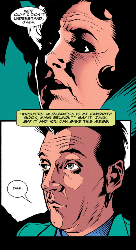 The next two panels. Panel 1: Dian looks confused. Dian: We? Oui? I don't understand, Jack. Jack's narration: 'Whispers in Darkness is my favorite book, Miss Belmont.' Say it, Jack. Say it and you can save this mess." Panel 2: Jack stares dazedly, clearly not saving this mess. Jack: Dar.