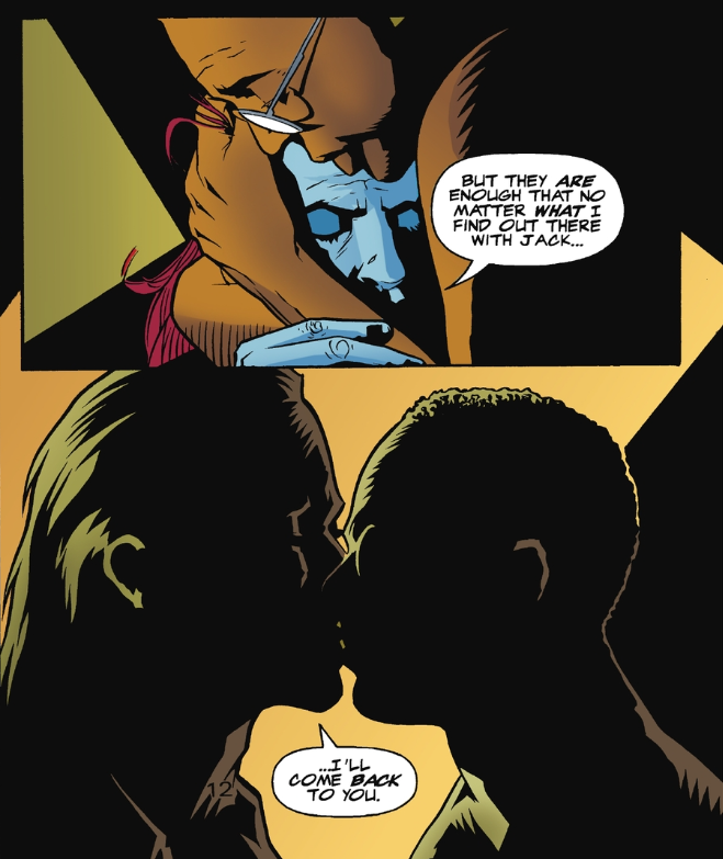 Two panels from Starman #45 showing Mikaal Tomas and his boyfriend, Tony. Panel 1: Tony is cradling Mik's head, Mik holding his arm. Mikaal: But they are enough that no matter what I find out there with Jack... Panel 2: They kiss. Mikaal: ...I'll come back to you.