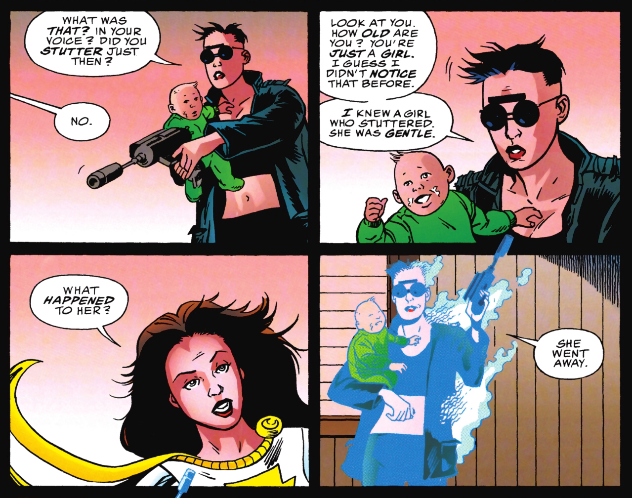 Four panels from Starman: The Mist showing Nash, holding her infant son Teddy, talking to Mary Marvel. Panel 1: Nash lowers a gun pointing at Mary. Nash: What was that? In your voice? Did you stutter just then? Mary, off-panel: No. Panel 2: Closeup on Nash. Teddy is crying. Nash: Look at you. How old are you? You're just a girl. I guess I didn't notice that before. I knew a girl who stuttered. She was gentle. Panel 3: Closeup on Mary. Mary: What happened to her? Panel 4: Nash is fading away into mist, Teddy still crying. Nash: She went away.