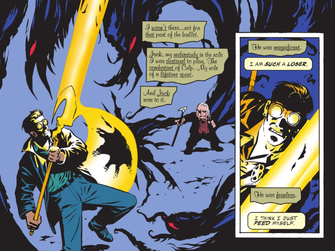 Two panels from Starman #70, showing Jack fighting a villain with shadow powers while the Shade narrates through his journal. Shade's narration: I wasn't there...not for that part of the ballet. Jack, my understudy in the role I was destined to play. The combatant of Culp. My role of a lifetime spent. And Jack rose to it. He was magnificent. Jack's thoughts: I am such a loser. Shade's narration: He was fearless. Jack's thoughts: I think I just peed myself.