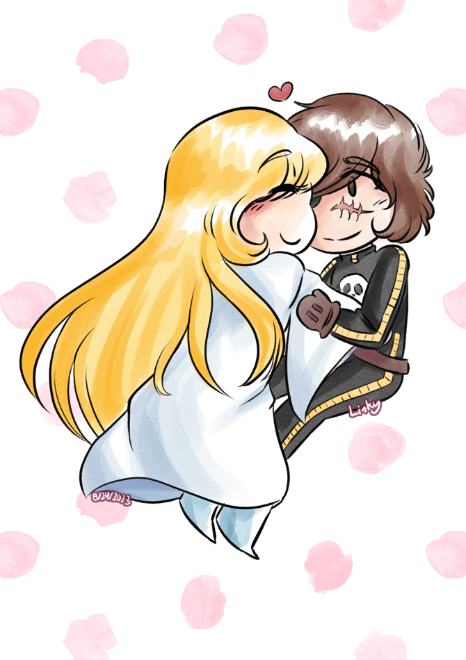Fanart of Harlock and Maya from Captain Harlock. They are drawn in a chibi style with watercolor coloring. Maya is hugging Harlock, having a big smile on her face. Her hair and dress flowing. Harlock is hugging Maya back, looking back at her with a gentle and loving expression. The background has light red-pink watercolor dots.