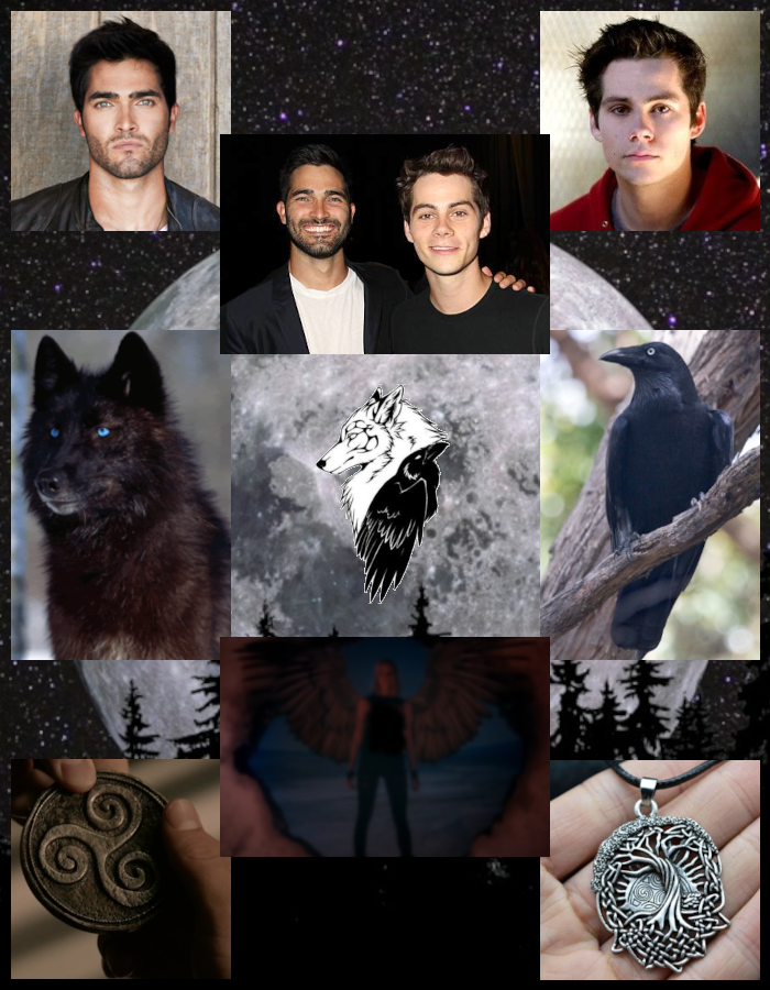 Derek, Stiles, a wolf, a raven, together and apart. Pendants of the triskele and the world tree to represent each of them. A blurry person with wings and in the general background the forest at night and the full moon.