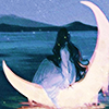 a person sitting during a twilight night on a crescent moon object