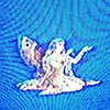 an angel like figure sitting with scan lines all over the image