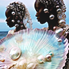 a person standing with a large seashell in front of them, there's a reflection of the whole thing behind the figure