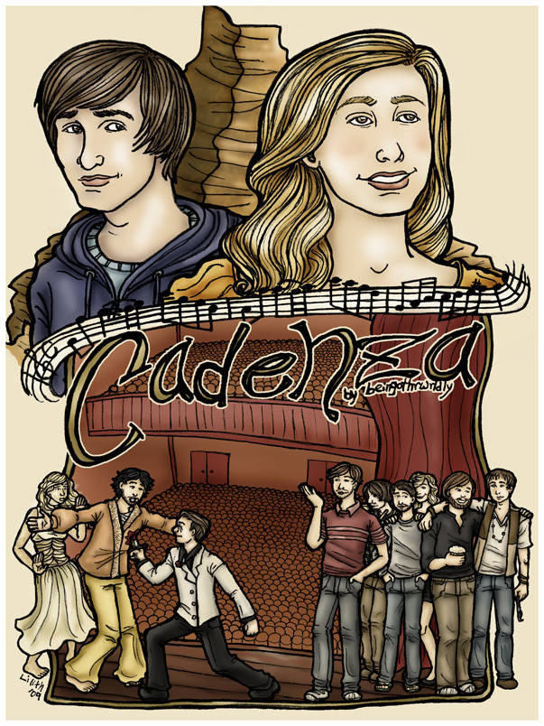 Two-part cover image. In the top half, busts of Brendan Urie and Greta Salpeter—he smiling tentatively at her, her smiling big off into the distance—with the Razia’s Shadow mountain behind them. In the bottom half, an empty theater. Onstage in the foreground, on the left hand side, the fraternal stabbing scene from Razia’s Shadow, featuring Greta, Brendan and Ryan Ross. To the right, a crowd of smiling white folks in street clothes.