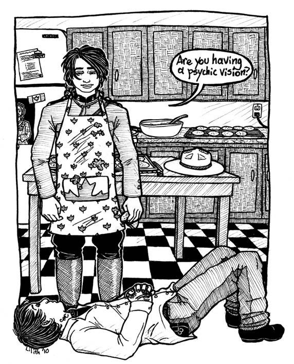 Gerard Way, wearing a Mountie uniform under a maple leaf apron, looks down at Frank Iero lying on the floor with a gun holster visible at his hip. He asks, ‘are you having a psychic vision?’ Behind them is a cozy kitchen with a checkerboard tiled floor and a pan of cookies cooling on the counter.