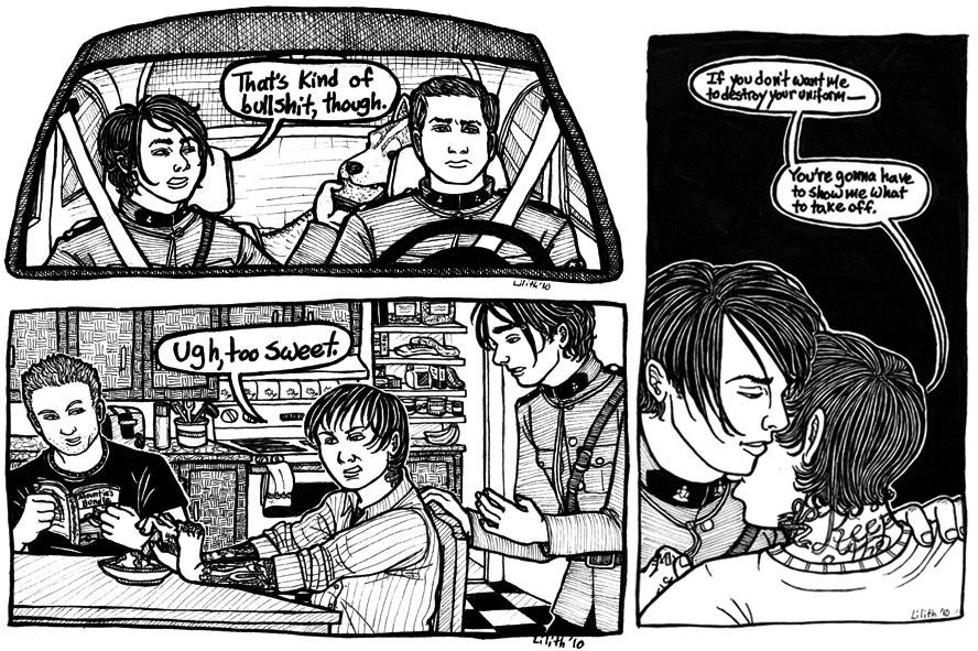 three single-panel images. 1: Gerard Way and Benton Fraser sit in the front seat of a car, in Mountie uniforms; Gerard reaches back to give Diefenbaker a sandwich while he says ‘that’s kind of bullshit, though,’ and Fraser frowns. 2: Ray Kowalski looks up from his copy of ‘Mountie’s Bundle’ to give Frank Iero a look as he pushes a dish of ice cream away across the table they’re both sitting at, saying ‘ugh, too sweet.’ Mountie Gerard Way stands behind Frank, looking surprised and helpless. 3: Close on the pair as Frank tucks his face into the curve of Gerard’s throat and shoulder, murmuring ‘if you don’t want me to destroy your uniform - you’re gonna have to show me what to take off.’