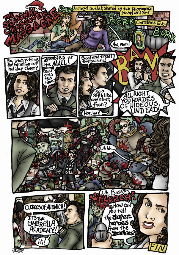 single-page comic in which Wendy Watson is summoned away from her apartment and roommate by the Middleman, who drives them to the mall, where they find the Umbrella Academy fighting green-skinned zombies.