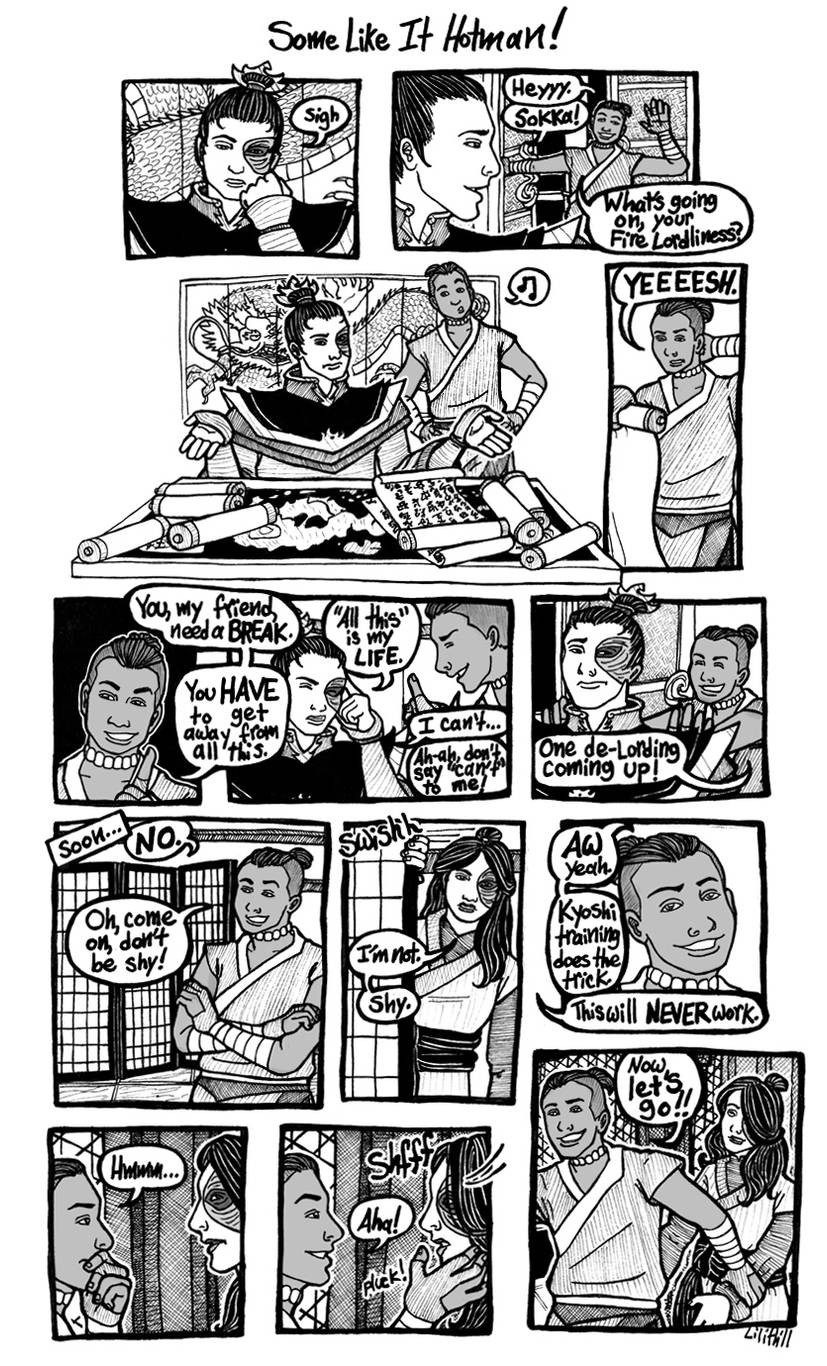 short comic in which Sokka convinces Zuko to take a break from Fire Lord duties, dresses him up in drag, and drags him off to go shopping.
