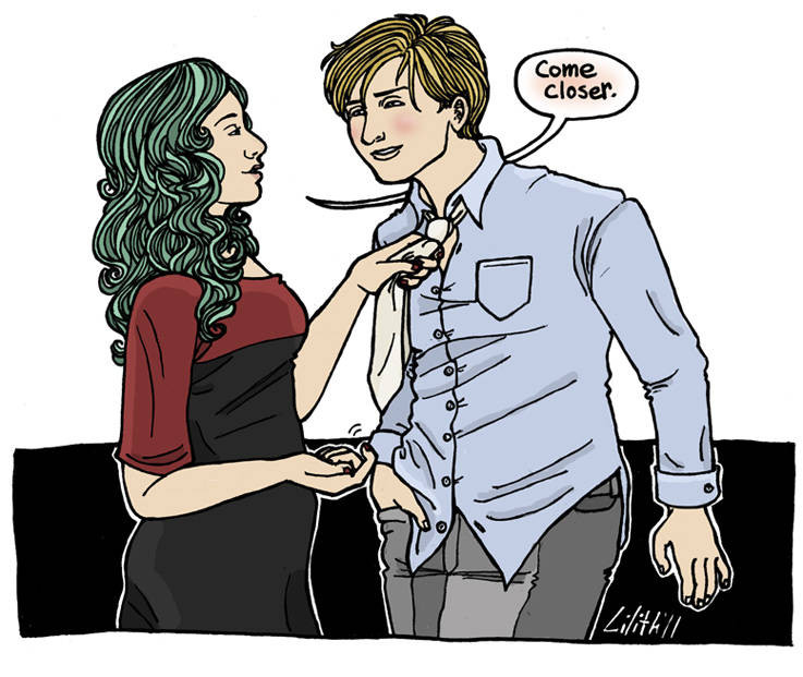 Michiru tugs Haruka's tie, and tells her to come closer.
