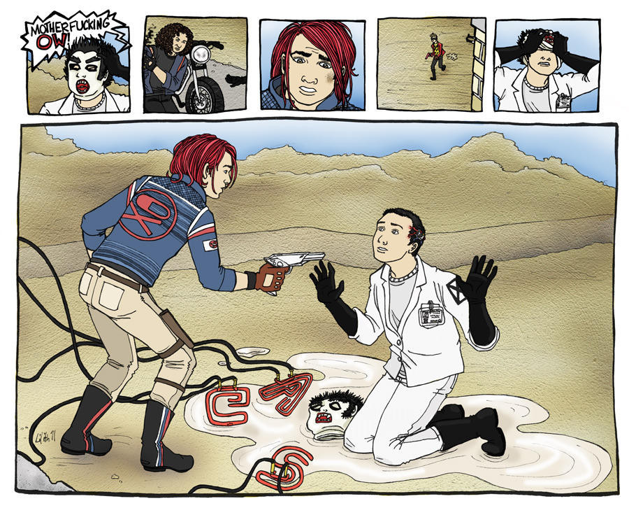 A series of five small panels over one large image. Five panels: 1) a Draculoid puts his hand to his head, yelling ‘MOTHERFUCKING OW!’ 2) Jet Star clutches a smoking wound on his shoulder, in front of his motorcycle, with a sprawled black boot lying somewhere in the background. 3) Close on Party Poison’s shocked face. 4) Far away, the Kobra Kid runs through the desert. 5) Wincing, the Draculoid is shoving his mask up. Large image shows a desert scene; in the foreground, Party Poison is poised with his ray gun, staring at Frank Iero, kneeling in a puddle of water beside fallen neon letters, electrical cords, and his discarded Draculoid mask, his hands up.
