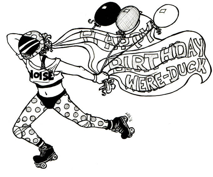 Show Pony roller skates by, balloons and a banner that reads ‘HAPPY BIRTHDAY WERE-DUCK’ flapping in the air behind them.