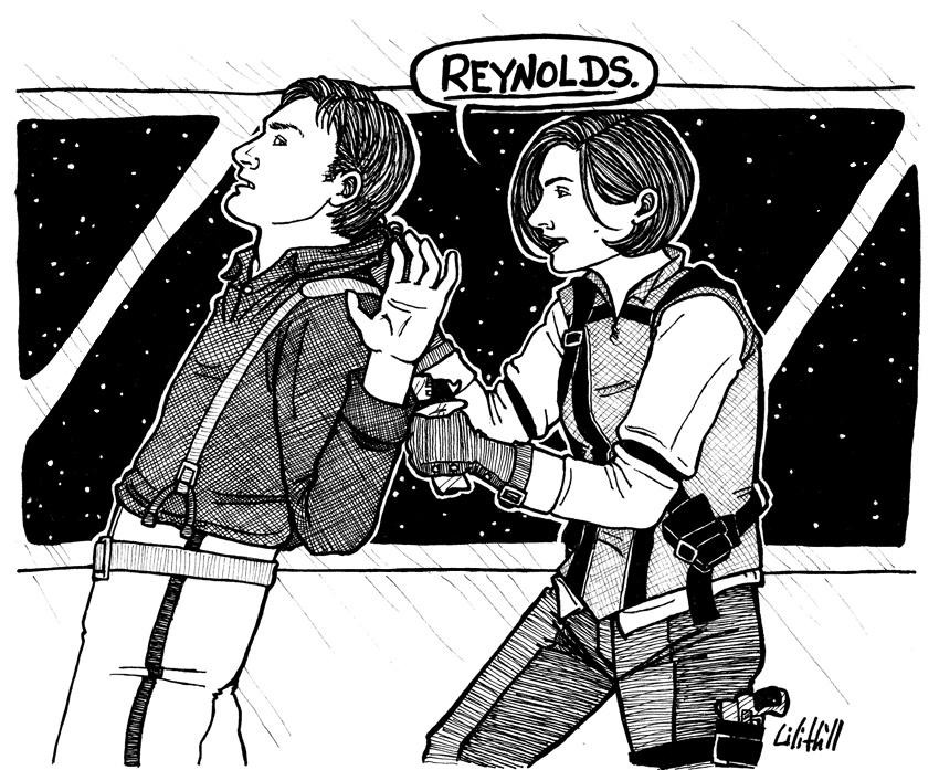 space!Beckett holds Mal Reynolds at gunpoint