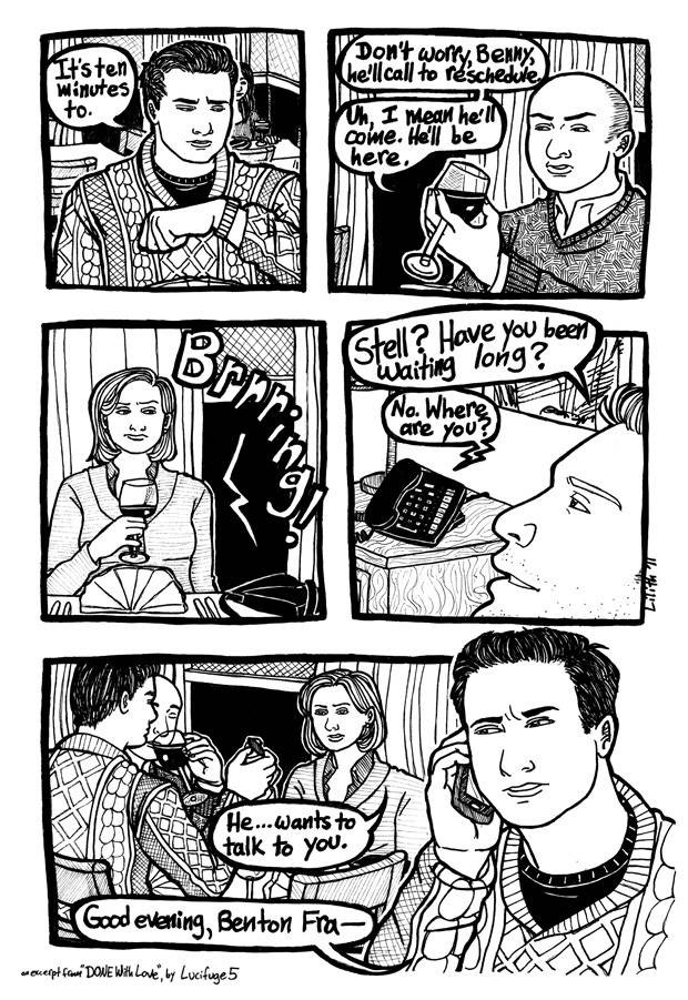 comic page in which Fraser, Vecchio and Stella Kowalski are waiting at a restaurant, when Ray Kowalski calls and asks to speak to Fraser